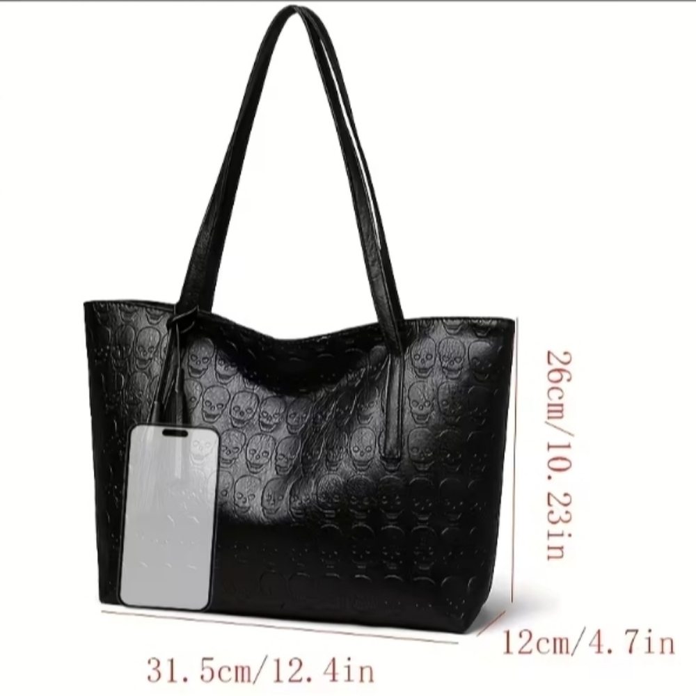 Women's PU Leather Skull Gothic Style Tasse Large Capacity Tote Shoulder Purse - Picture 2 of 10
